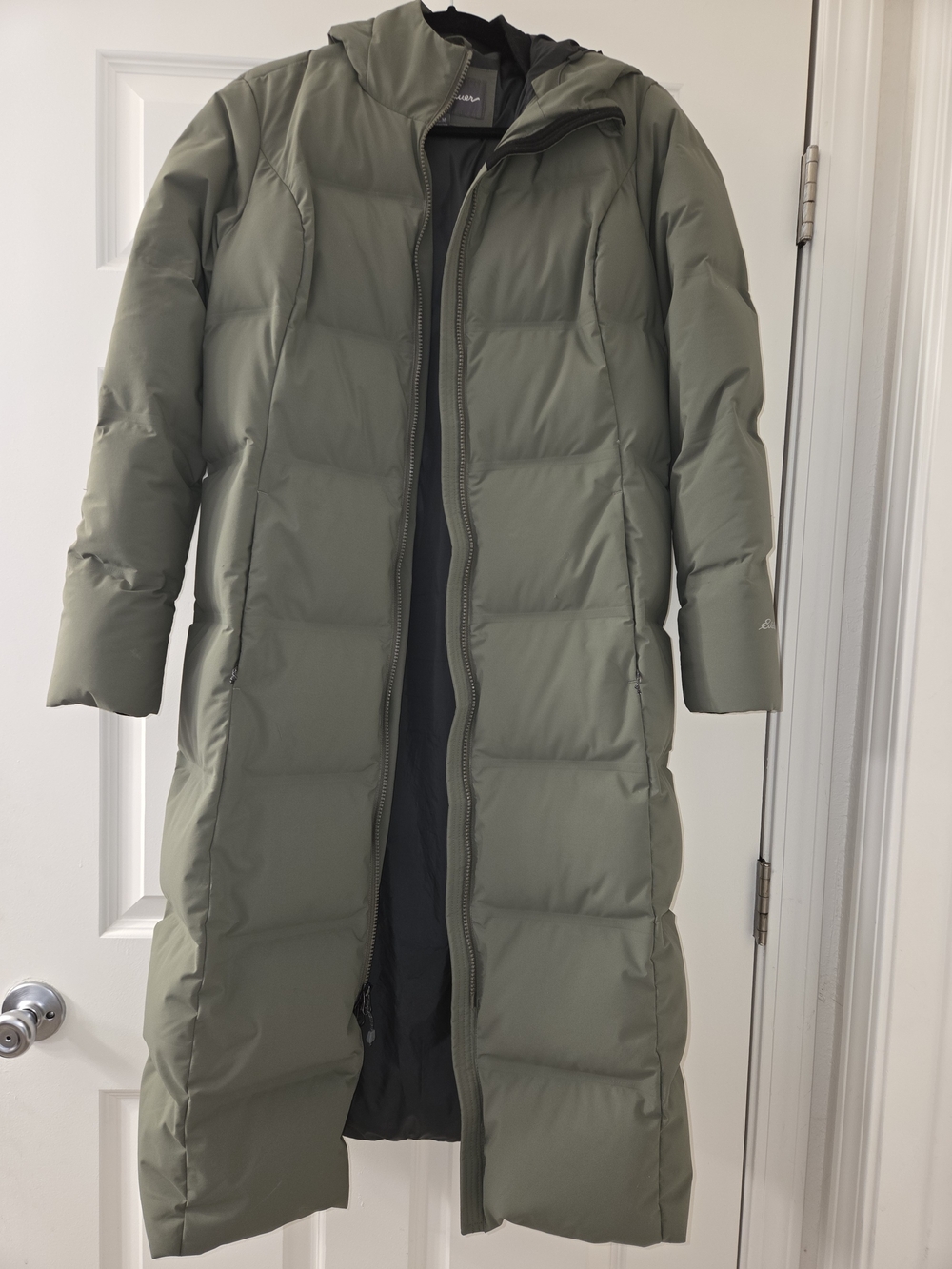 Eddie Bauer Long Hooded Puffer Coat in Olive